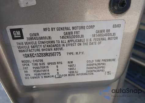 2003 GMC Yukon Slt z USA, uszkodzony, nr VIN 1GKEC13Z83R256775